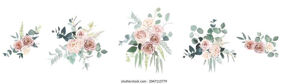 Blush pink roses, ranunculus, camellia flowers vector design bouquets. Wedding floral and greenery. Mint, pink, beige, green tones. Watercolor flowers. Summer style. Elements are isolated and editable