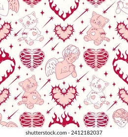 Blush pink seamless print. Vintage gothic rock love aesthetic. Tender angels and hearts in a fire, heart shaped barbed wire. Fun Anti Valentine's Day concept. Hand drawn, not AI