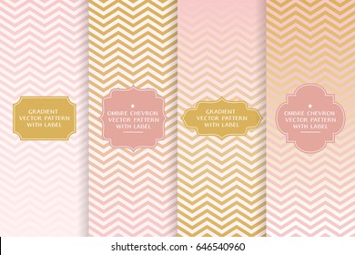 Blush Pink and Soft Gold Ombre Chevron Vector Patterns with Curly Label Frames. Copy Space for Text. Templates for Packaging, Cover or Gift Wrap. Horizontally Seamlessly Repeating Pattern Tiles.