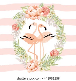 Blush pink tropical birds flamingo in the romantic wreath of delicate flowers on the striped background. Vector design artwork for the card, tee shirt, wedding invitation, home decor, pillow.