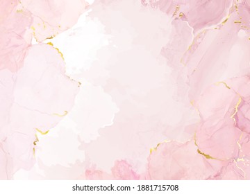 Tarjeta de diseño vectorial de pintura de fluido de color de agua rosa negro  Mojosa rosa y marco geodésico de mármol dorado  Invitación nupcial de primavera  Textura de Petal o velo  Estilo de salpicadura de tinta  Tinta alcohólica Aislada y editable
