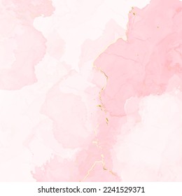 Blush pink watercolor fluid painting vector design card. Dusty rose and golden marble geode frame. Spring wedding invitation. Petal or veil texture. Dye splash style. Alcohol ink.Isolated and editable