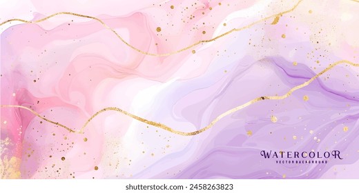 Tarjeta de diseño de Vector de pintura fluida de acuarela rosa rubor. Rosa polvorienta y marco de geoda de mármol dorado. Invitación de boda de primavera. Textura de pétalo o velo. Tinte estilo salpicadura.