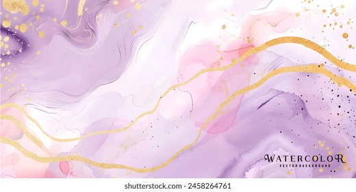 Blush pink watercolor fluid painting vector design card. Dusty rose and golden marble geode frame. Spring wedding invitation. Petal or veil texture. Dye splash style.