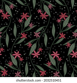 Blush pink wildflowers on black background. Vector seamless floral branches pattern. Bright hand drawn illustration texture. Perfect for textile, apparel, wallpaper and home decor.