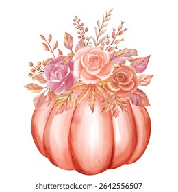Blush Pumpkin with Autumnal Rose Bouquet Watercolor
