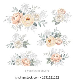 Blush roses, peonies with gray, outline leaves bouquets, white background. Set of the bridal floral arrangements. Vector illustration. Romantic garden flowers. Wedding design clip art