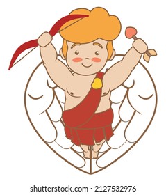Blushed Cupid with red tunic, holding its heart-shaped arrow and bow. Design in flat style and outlines, isolated over white background.