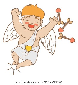 Cupido rubio usando túnica, saltando debido felicidad y aplaudiendo con los pies, lanzando flechas en forma de corazón.