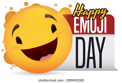 Blushed grinning face with speech bubble like calendar, celebrating a happy Emoji Day.
