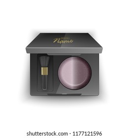 Blusher of brown color, cosmetic for contour woman face in Plastic Case of Black color with Makeup Brush Applicator and Mirror. Top View Isolated on White Background, Vector illustration