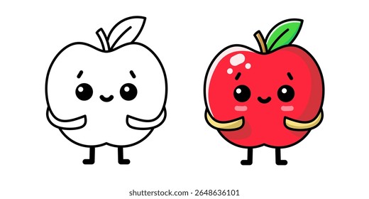blushing apple cartoon character design complete with sketch, apple icon, apple logo, great as sticker and emot.