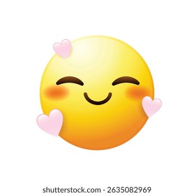 Blushing emoticon with pink hearts vector illustration isolated. Love emoji icon.