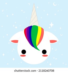 blushing unicorn with rainbow hair under a starry sky.