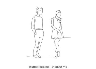 A blushing woman is looked at by her partner. Dia dos namorados concept one-line drawing