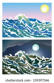 Blusterous sea in the day and night time, vector illustration