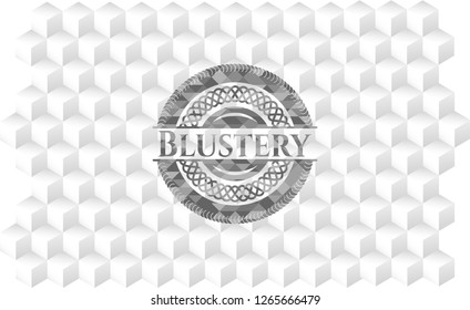 Blustery grey badge with geometric cube white background