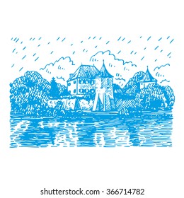 Blutenburg Castle in Munich, Germany. Vector hand drawn sketch.
