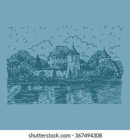 Blutenburg Castle in Munich, Germany. Vector hand drawn sketch.