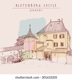 Blutenburg castle near Munich, Bavaria, Germany, Europe. Vector retro style artistic sketchy freehand illustration.  Ink pen line art. Travel poster postcard greeting card graphic design template
