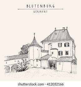 Blutenburg castle near Munich, Bavaria, Germany, Europe. Travel sketch. Book illustration. Vintage hand drawn touristic poster or postcard template in vector