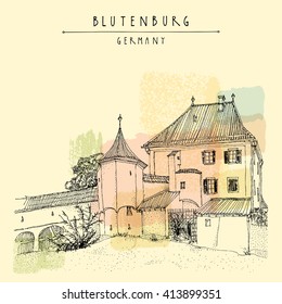 Blutenburg castle near Munich, Bavaria, Germany, Europe. Travel sketch. Book illustration. Vintage hand drawn touristic poster or postcard template in vector