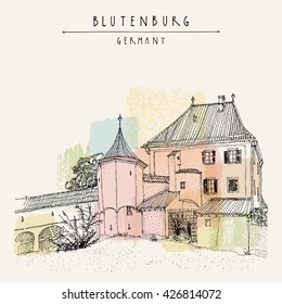 Blutenburg castle near Munich, Bavaria, Germany, Europe. Travel sketch. Book illustration. Vintage hand drawn touristic poster or postcard template in vector