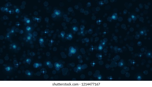 Bluw hexagons, snowflakes and stars on dark black background. Snow, winter, night, stars, space. Banner, template.