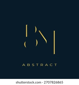 Diseño de logotipo dorado Abstractas de BM. Abstractas composición de símbolos de oro sobre un fondo azul marino oscuro