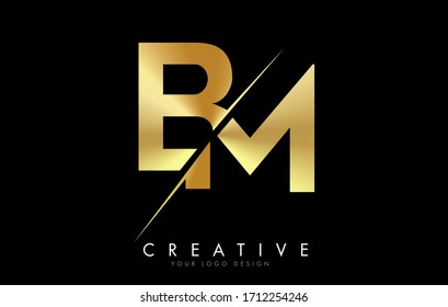 BM B M Golden Letter Logo Design with a Creative Cut. Creative logo design with Black Background.