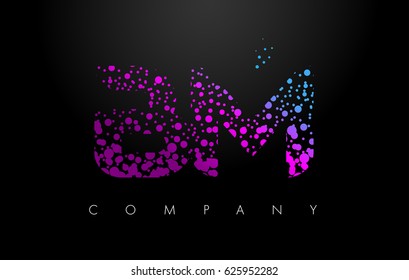 BM B M Letter Logo with Purple Blue Particles and Bubble Dots Design Vector.