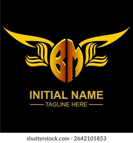 BM Golden Wing Emblem Logo with elegant gold wings, sleek and modern design. Ideal for branding, creative projects, luxury businesses, or artistic ventures.