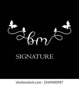 BM Handwritten initial letter, BM simple signature vector logo with butterfly shape variation, beauty, photography letter logo design. B M