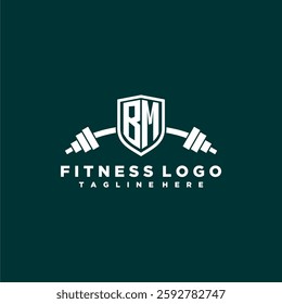 BM initial monogram for fitnes or gym logo with creative shield and barbell design
