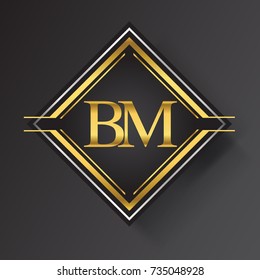 BM Letter logo in a square shape gold and silver colored geometric ornaments. Vector design template elements for your business or company identity.