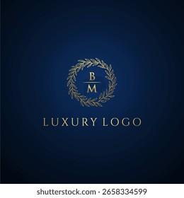 BM letter monogram luxury wedding with creative circle leaf gold