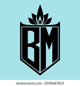 BM Logo featuring a minimalist design with a crown-like flower symbol on top, bold black elements, and a soft blue background, perfect for branding and modern visual identity.
