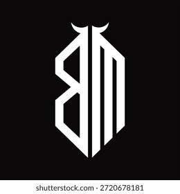 Monograma de logotipo BM com forma de chifre isolado modelo de design preto e branco sobre fundo preto