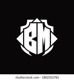 BM logo monogram with shield line and 3 arrows shape design template on black background