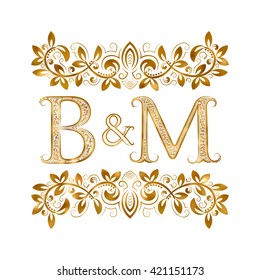 B&M vintage initials logo symbol. Letters B, M, ampersand surrounded floral ornament. Wedding or business partners initials monogram in royal style.