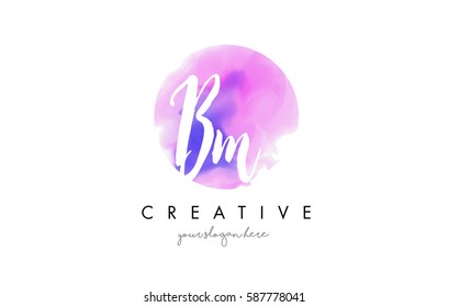 BM Watercolor Letter Logo Design with Purple Rounded Aquarelle Brush Stroke.