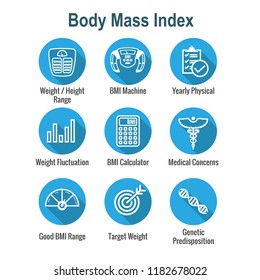 BMI - Body Mass Index Icon Set With BMI Machine, A Weight Scale, Etc