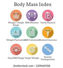 BMI - Body Mass Index Icon Set With BMI Machine, A Weight Scale, Etc