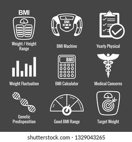 BMI / Body Mass Index Icons w scale, indicator, and calculator