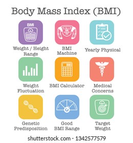 BMI / Body Mass Index Icons w scale, indicator, and calculator