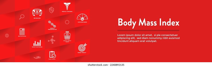 BMI or Body Mass Index Icons with Web Header Banner- scale, indicator, and calculator, etc