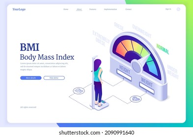 Bmi, body mass index isometric landing page. Women weigh near obese chart scale with extremely, overweight and normal indicators, female characters on diet using weight control, 3d vector web banner svg