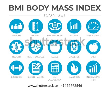 BMI Body Mass Index Round Icon Set of Weight, Height, BMI Machine, Graph, Measuring, Health, Heart Disease, Scale, Diabetes, Diet, Exercise, Habits, BMI Calculator, Calories, Risk Icons.