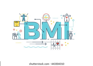 BMI : Body Mass Index word lettering typography design illustration with line icons and ornaments in blue theme