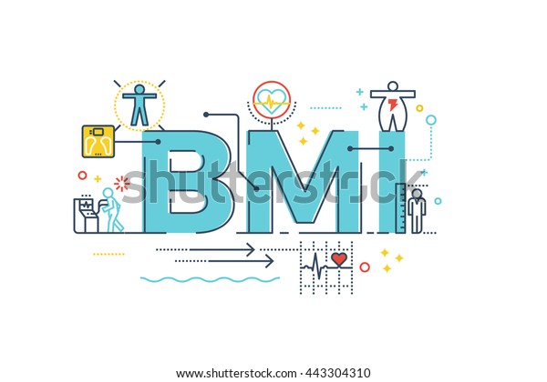 BMI : Body\
Mass Index word lettering typography design illustration with line\
icons and ornaments in blue\
theme